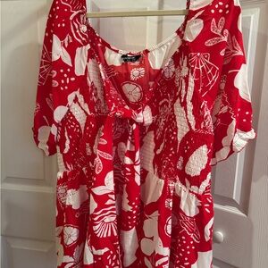 Tropical print bow knot shirted lantern sleeve blouse